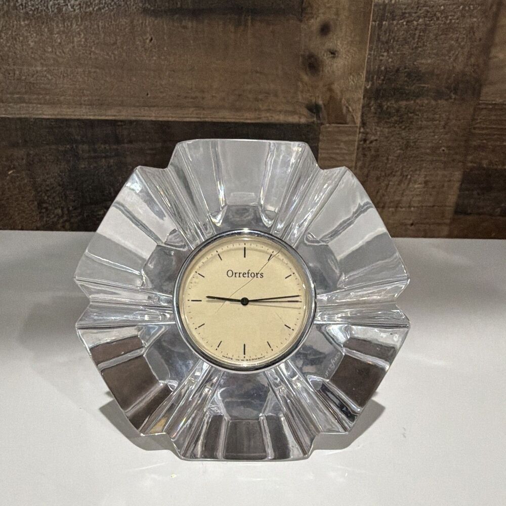 Vintage Orrefors Sweden Crystal Desk Clock Faceted Art Glass Paperweight